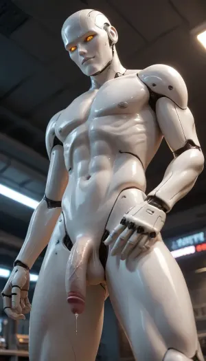 a male robot, robot, humanoid, (white plastic skin:1.3), synthetic, with mechanical joints, (curved penis:1), flaccid penis. robot is athletic, anatomically correct, tall, (slender, thin:1.2), handsome sexy. provocative cruel smile. normal size penis. In a spaceship with neon lights. Standing. Looking down at the viewer. penis close-up. Penis is dripping precum. Not muscular. robotic head. Robotic joints. Spread legs. Robot head, led eyes. Seen from side below
