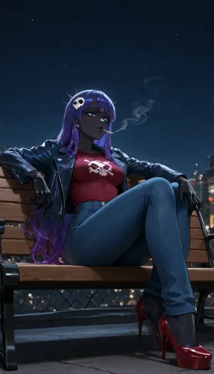 Female, small boobs, deep black skin, blue eyes, purple liquid hair, wearing blue leather jacket, wearing maroon t shirt with skull logo, spiky gloves, smoking cigarette, looking at sky, wearing blue denim pants and red high heels, sitting on bench, legs folded, at night, stary sky, solo, no sex