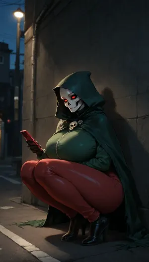 Female, very tall height, huge boobs, long legs, wearing black skull, glowing red eyes, blue torn cloak, no expression, wearing green jacket and red pants, squatting in corner, looking at phone, under street light, in public, dim lighting, at night, stary sky, solo, no sex