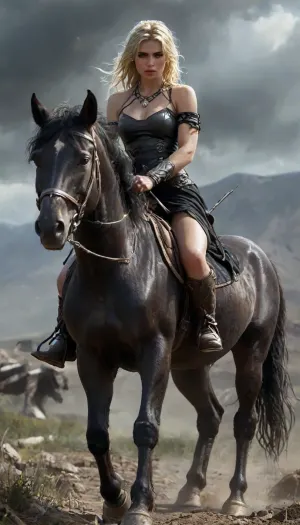 Full body picture, picture of her hole body, She looks proud, her presence both awe-inspiring and dangerous. Her skin is pale as moonlit snow, kissed faintly by the cold winds of the northern wastes., ((she is sitting on a horse, riding on a horse)), ((She is in a wild ride on a beautiful pitch black horse, the horse is running wild)), Cascading down her back in wild, tangled waves is a mane of lightly wavey dark dirty-blonde hair, streaked with silvery tones like threads of ice. Her eyes are breautiful brown, intelligent, and edged with the feral cunning of a huntress born to the frostbitten wilds.

Her beauty is raw and untamed, sculpted by hardship and war. High cheekbones, a strong jawline, and full lips give her a regal, almost ethereal quality, while the faint scars tracing her collarbone and ribs hint at countless battles survived. Muscled, her figure is that of a warrior goddess—broad-shouldered, with powerful legs, wearing loincloth and minimal fur and very little leather armor, and bone trophies taken from the beasts and men she's slain.

Around her neck hangs a talisman of an elder god, and her arms bear bronze armbands inscribed with symbols of forgotten tribes.

She looks like a predator—graceful, silent, coiled with explosive power. She is a storm wrapped in flesh, an iceborn flame burning through the dark age of Hyboria., (shortstack:1.13), (muscular), realistic detailed face, realistic detailed hair, realistic detailed body, realistic detailed skin, realistic detailed breasts, A-cup, realistic detailed pussy, dynamic view, dynamic view angle, dynamic action pose, realistic black horse, running horse, horse, detailxl, hkstyle, RiHorse, front_view, half_front_view, side_view, galloping, <lora:add-detail-xl:1.5>, <lora:hkstyleV5:.8>, <lora:style_lora_realis:.5>, <lora:Stacked_Shortstacks_-_SDXL-000009:1.3>, <lora:RideHorse.0.9:.8>