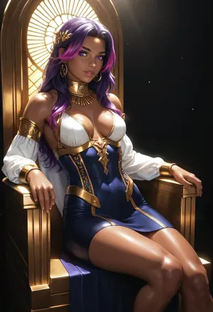 A tall, muscular young woman with dark brown skin, long purple hair, and glowing bright purple eyes, reflecting her demonic heritage, wearing a stylish dark-colored fitted bodysuit and gold jewelry, from Picture 2. She is the central figure, an adult woman with a powerful, lithe build and confident posture, her face and neck visible as she sits upright with eyes closed in a moment of deep connection, her hands resting calmly on her lap, her neck and shoulders visible above the collar of her suit.

She sits upon a plush, organic throne integrated into a surreal, glowing landscape that hums with soft golden light. The environment is alive, with gentle, luminescent architectural forms in the background that pulse with subtle, warm energy. The air is filled with a soft, ethereal mist, and the ground beneath her is textured like soft, warm earth, suggesting a nurturing, living world. The scene is calm, majestic, and serene, emphasizing her role as the nexus of this new reality.

Warm, cinematic golden-hour light emanates from the surrounding landscape, casting soft, diffused highlights across her skin and clothing, creating a sense of peace and absolute authority. The camera framing is a medium full-body shot, capturing her seated posture and the immediate, glowing environment around her. Photorealistic drawing style, 32K resolution, intricate skin texture, perfect contrast, supreme render quality, octane-engine aesthetic, cinematic lighting.
