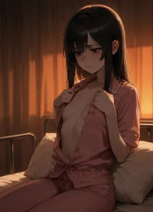 1girl, solo, shoulder length hair, dark hair, straight hair, messy bang, eye bags, looking at me, (tears:1.3), skinny, extremely pale skin, (sitting upright in a hospital bed:1.3), (back supported by the pillow), wearing light pink pajamas, (pajama pants), (pajama shirt unbuttoned), (hands on shirt collar:1.3), (exposing small chest), (visible nipples:1.3), (unaroused inverted nipples:1.3), (view from waist up), (above waist), orange sunset, lineart, LineAniAF, shirtspread, crying, <lora:LineAniRedmondV2-Lineart-LineAniAF:.8>, <lora:shirtspreadv10_SDXL:1.5>, <lora:crying:1.5>, <lora:dark:.8>, side view