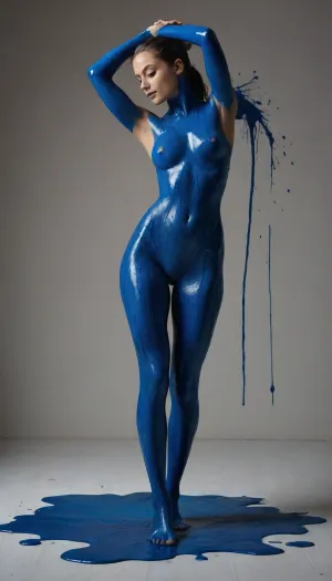 Full body, A striking, high–resolution photograph featuring a poised woman standing confidently in a minimalist studio with a neutral background, partially covered in glossy, dripping layers of vibrant blue paint. The paint flows down her body in abstract streaks, accentuating her natural curves and creating a dynamic contrast against her skin. Her graceful pose, with one arm raised and resting on her head, exudes elegance and strength, forming a captivating, statuesque silhouette. The smooth, minimalistic backdrop places all attention on her form, while a plastic sheet on the floor catches splatters of blue paint, adding a raw, textured element to the composition. Soft yet focused lighting casts natural highlights on her skin and subtle reflections on the glossy paint, enhancing the depth and boldness of the colors. The overall scene embodies a blend of modern art and raw sensuality, with an emphasis on the fluid motion of paint and the powerful presence of the subject