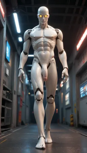 a male robot, robot, humanoid, (white plastic skin:1.3), synthetic, with mechanical joints, (curved penis:1), flaccid penis, white plastic penis. robot is athletic, anatomically correct, tall, (slender, thin:1.3), handsome sexy. provocative cruel smile. normal size penis. In a spaceship with neon lights., (Walking towards the camera:1.3), . Looking down at the viewer. Penis is dripping precum. Not muscular. robotic head. Robotic joints. Spread legs. Robot head, led eyes. Seen from below. Smooth body. Full body view. Barefoot. Menacing.