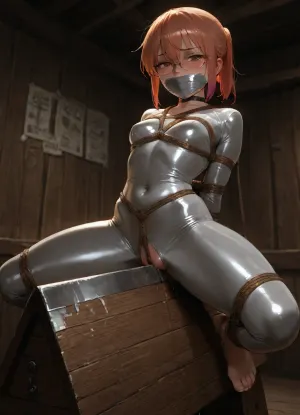 (((Kobayashi from Miss Kobayashi's Dragon Maid))), short ponytail, (((beautiful brown eyes, glasses))), (tiny breasts, flat chest), spread legs, her arms are bound tightly behind her back, (((she is wearing a shiny white catsuit that is zipped down))), ((brown rope shibari harness)), (((silver duct tape covers her mouth))), (ultra horny facial expression), ((blushed face)), black eyebrows, black choker, ((bare feet)), (((huge wooden horse))), crotch rub, (lots of pussy juice), bdsm dungeon, night, highly detailed, nsfw, bound, tied, bondage, bdsm, tall woodenhorse, whb, wooden horse torture device, punishement, (((torture chamber))), torture, wooden walls, cold lighting, low light, correct human anatomy, full body shot, beautiful, masterpiece, best quality, photorealistic, anime style, (((very low angle))), <lora:dark:.2>