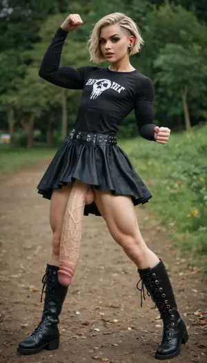 Very tall blonde androgynous man with a modelface feminin, with huge futa-cock, hyper-muscular and tall, clad in open metal-shirt, ruffles, sidecut blond short hair, power pose, round-testicles, lifting skirt showing tiny round-ass and mighty futa-cock, (plateau gothic boots), sideview. metal-festival campingground.