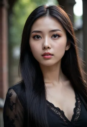 Melissa, a 20-year-old Korean model woman, long straight hair, black hair, gothic style, looking up, looking at camera, glatte haut, natürlich haut mit natürlichen schatten