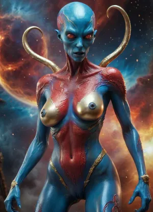 creature from Space. Alien, long tentacle legs, tall, large penis like arms, electric blue skin, huge breasts, gold nipples, big flaccid penis, female face red metallic colour, hyper detailed, sharp focus, soft nebula background, studio photo, intricate details, highly detailed, detailed face, detailed skin, <lora:xl_more_art-full_v1:1>