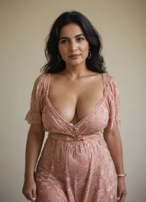 (South Indian mature aunty:1.5), (middle aged woman 55 years old:1.5), photorealistic portrait, (deep brown skin tone:1.5), South Indian facial features, broader nose, almond eyes, fuller cheeks, soft jawline, (long luscious black hair:1.5), calm confident expression, (heavy curvy body:1.5), chubby voluptuous build, soft belly, wide hips, thick thighs, (large natural breasts:1.5), weight carried naturally, dignified and sophisticated presence, wearing elegant detailed colorful clothing inspired by traditional Indian wear, boho prints and patterns on clothes, fine textured fabrics and materials on clothes, subtle gold jewelry, natural makeup, realistic skin texture with age detail, cinematic indoor light, shallow depth of field, ultra realistic photography, not western, not european, distinctly South Indian, dark, skin, detailxl, DeepNegative_xl_v1, <lora:Darker_skin_SDXL:1.2>, <lora:Desi_Fantasy:1.2>, <lora:clothed_small:.8>