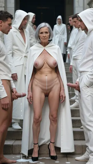 (A 90-year-old naked woman:1.8), . Her skin is wrinkled. The old woman has gray hair., (Small, very sagging breasts:3.8), ., (Highly detailed skin), . Bob haircut., . A wrinkled old woman, completely naked, has very large areolas and wears black high heels. Her hair is cut in a short bob. She stands in the middle of clothed men who have taken their penises out of their pants and are watching her while masturbating. Some of their semen falls to the floor, and the rest in the direction of the woman. The old woman seems satisfied.

full view, a crowd of models walking down a stone staircase, wearing avant-garde monochromatic white high-fashion outfits, hooded capes, structured white coats, sleek and minimalist design, clinical and sterile aesthetic, soft diffused lighting, brutalist architecture, monochromatic palette, high-end fashion show, cinematic atmosphere, 8k resolution, photorealistic, sharp focus, fashion photography style, detailed fabric textures, symmetrical composition.