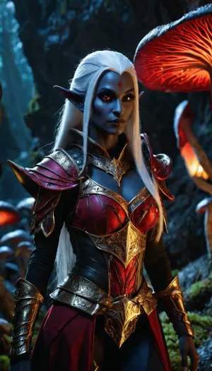 Gold foil, black and white, 4K, HD, Unreal Engine 5, hyperrealistic, Octane render, cosplay RPG portrait of a dark elf, (drow), detailed, glowing red irises, snow white long hair, in Gothic armor, Set against a backdrop of glowing, multicolored giant mushrooms and mosses in the rocky tunnels of the underground world of D&D, medium shot, in three-quarter profile, dynamic lighting, intricate details, summer brightness, cinematic, full body in frame