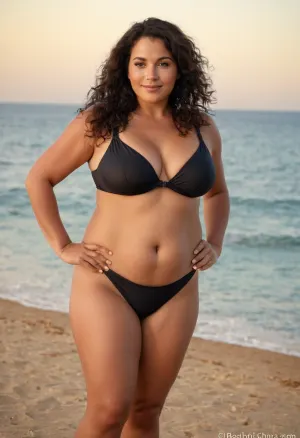 Realistic candid photo, 40 year old chubby bbw house wife, micro thong model, very saggy Boobs, very wide areolae, flabby belly, long black curly hair, tight swimsuit, cleavage, cameltoe visible, wide hips, super hairy vagina, posing at a sea side Mediterranean beach resort, standing open legs, scenic, realistic detailed eyes, realistic detailed face, realistic detailed tan skin, small smile, lovely feet, view from side, vendi, veinyonez, chubbyonez, matureonez, <lora:realboobzXL:.3>