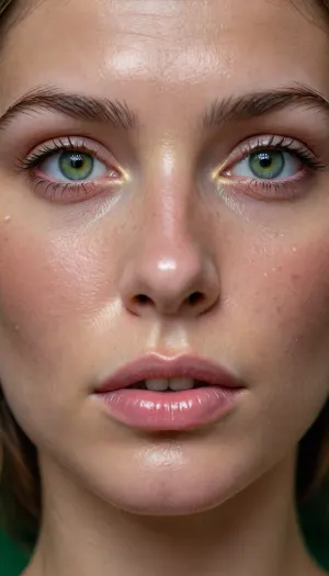 ultra-detailed close-up portrait of a woman with striking, vivid green eyes, natural glowing skin, visible freckles across the nose and cheeks, soft natural lighting, wet-look glossy lips, thick dark eyebrows, subtle blush, high-fashion photography style, cinematic lighting, hyper-realistic, 8k resolution, soft focus background, masterpiece, sharp focus on eyes, intricate skin texture.