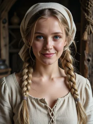 A highly detailed photorealistic cinematic portrait of an adult peasant woman, 22 years old, head and upper torso framing, clearly rooted in a rural 16th century European setting, inspired by the soft facial proportions, hairstyle and rustic appearance of the supplied reference image, exceptionally pretty in a completely natural unpolished way, soft oval face, gently rounded cheeks, delicate jawline, straight natural nose, softly shaped lips, very dark deep blue eyes with intricate iris structure, realistic corneal reflections, crisp eyelashes and natural eyebrows, her expression sweet, open and guileless, slightly naive and adorably foolish, a shy mischievous smile suggesting simple cheerful curiosity rather than sophistication, no modern glamour, no makeup, no contemporary beauty styling, fair untreated skin with visible pores, fine peach fuzz, tiny imperfections, subtle uneven complexion and faint natural redness, extremely thick blonde hair divided into two heavy loosely braided plaits falling over her shoulders, substantial irregular braids with escaped strands around her temples, ears and cheeks, simple hand tied natural linen headscarf covering the crown of her head and tied practically behind it, authentic rural 16th century styling, wearing a handmade coarse beige linen peasant dress, visibly hand sewn rather than machine manufactured, uneven stitching, irregular seams, natural woven fibers, soft wrinkles, slight work wear and subtle discoloration from everyday use, primitive full front opening secured with simple linen cords and hand worked lacing, neckline slightly relaxed but fully clothed, no modern tailoring, zippers, elastic or synthetic materials, shoulders relaxed, direct warm gaze toward the viewer, quietly approachable country presence, background suggesting a dim rustic timber interior with rough wood and soft atmospheric depth, highly detailed skin, lips, eyelashes, individual blonde hairs, linen weave, hand stitching and aged material surfaces, soft directional natural daylight, gentle shadow modeling, restrained earthy color palette, rich tonal range, strong but realistic micro contrast, 85 mm full frame portrait lens, shallow depth of field, precise focus on eyes and face, subtle analog film grain, realistic highlight roll off, natural skin without beauty retouching or glossy commercial finish, historically grounded 16th century rural realism, intimate, authentic, lifelike and convincingly photographic