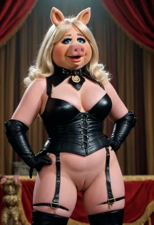 muppet-show in 1980, (original miss-piggy, obese, sexy:1.3), (stripping, voluptuous nude tits, hard nipples, laced-up high leather boots, gloves, bdsm collar, whip, black elaborate bdsm corset:1.1), (kermit the frog in pain:.8), on stage