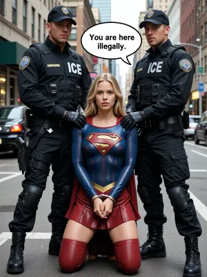 score_9, score_8_up, score_7_up, ICE agents arrest Supergirl. Supergirl is kneeling with his hands handcuffed. Two agents dressed in black combat uniforms are holding his by the shoulders, (There is a three-letter, (inscription ICE), on the agents' uniforms), . City street. The officer on the right declares in a speech bubble, "You are here illegally."