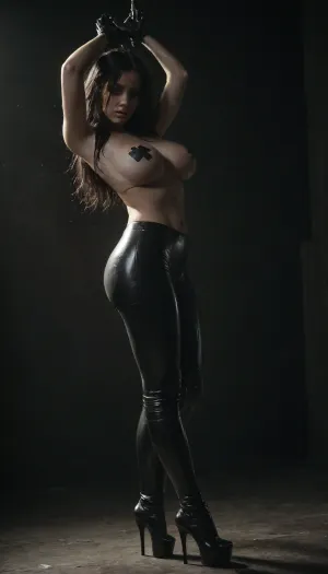 ((photorealistic)), big tits, hudge breasts, (warm dim lighting), (black room), ultra detailed face, (young woman), (wet skin), (youthful face), (petite), short, slim, blue eyes, long hair, dark hair, messy hair, (big breasts), (black latex miniskirt), (black latex gloves), (red nipple tape), (redrimlight), (RED SPOT lihht above head), (high heels), hair, tight butt, (aroused), (parted lips), (hands tied above head), looking at viewer, she is, (elbows raised), (arched back), (black latex bra), (underboob), (black latex leggings), (platform shoes), anal sex, shaved wet pussy, leg lift, 3/4 side view, High, Resolution, More, Details, 8K, pale, <lora:girllikesplashpad_sdxl:.8>, skin, detailxl, <lora:dark:1>, <lora:Pale_Skin_SDXL_v1.0:.8>, <lora:hair-over-face-01-000007:.8>
