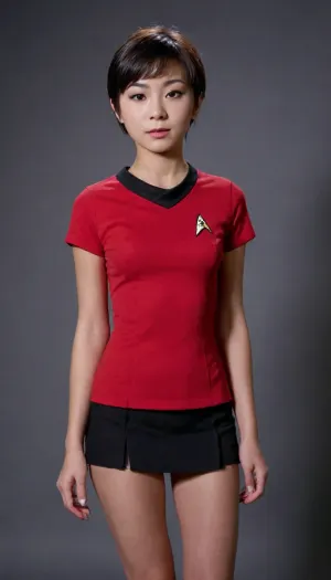 Super Sexy, young, Cute Asian, pixie cut cosplay as Star Trek uniform. flat breasts, startrektos, dress, <lora:TOSXL-000040:.8>, tiny petite girl. Petite, boy chest., <lora:ahxl_v1:.8>, flat, chested, <lora:flat_chested_v3.5:.8>, ripped and torn red Cadet uniform. no tits. low cut top