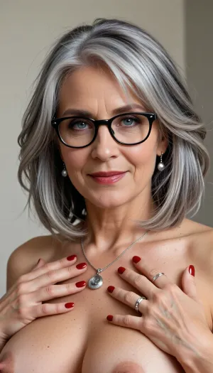 (Photorealistic portrait:70), 70 year old woman, beautiful 70-year-old woman. Paying particular attention to her hair.
Color, Silvery-white with subtle natural light-grey undertones, soft dimensional shading—brightest silver at the crown and face-framing strands, gently darker ash-grey at the roots and underlayers for depth.
Cut & Shape, Short, textured, layered bob—approximate length, jaw-length to just above shoulders. Fullness and volume concentrated at the crown and top, layers are soft and feathered, not blunt.
Front & Bangs, Soft, wispy, curtain-style bangs that blend seamlessly into side layers—parted slightly off-center, sweeping gently toward the temples, never heavy or straight-cut.
Texture & Flow, Wavy, tousled, naturally soft movement—strands appear light and airy, with individual fine-to-medium thickness visible. Sides frame the face, tapering softly near the ears, back has gentle fullness without bulk.
Styling Finish, Polished yet relaxed—no harsh shine, soft natural volume, strands fall loosely to frame forehead and cheekbones, some fine face-framing pieces lift lightly for a lived-in, elegant softness. She wears black round glasses with silver accents, soft grey eyeshadow, red lipstick. Silver drop earrings, silver pendant necklace, multiple silver rings. Named Joanna, she has bright, clear grey-blue eyes that stand out vividly, accentuated with dark eyeliner, large pupils, (natural beauty:1.2), english roots, perfect slutty caramel brown eye makeup, manicure, glossy dark red fingernails, She has expression lines and fine wrinkles under her eyes. Her body is gently wrinkled, with a generous, sagging bust with prominent nipples and soft buttocks. Warm friendly smile, soft indoor lighting, plain light wall background, natural lifelike details.