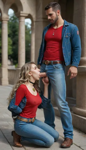 photo of beautiful 1woman and 1man 22 years, (1man in denim jacket with long sleeve and jeans and red tank shirt and male medallion with belt:1.4), the women make blowjob to man with attactive face, show full body, women kneeling and doing blowjob to full clothes stranger man, kneeling, squatting, bent over waist, (blowjob:1.4), very long silky platinum blonde long wavy hair, blue eyes, red lipstick, choker, wear denim jacket with long sleeve and jeans and sexy with belt full body view, natural sagging medium tits, big areolas, (natural sagging medium breasts:1.3), extra_wide_hips, Slightly body, (arch back chest thrust out), (legs wide open standing), standing walking in living public, best quality, ultra-detailed, masterpiece, finely detail, highres, 8k wallpaper, thick athletic sharp, textured skin, perfect body, gorgeous face, beautiful face, see-through, leotard, shadow of lite smile, random sides view, back view, frontal view, outdoor, one leg stand on Bordüre, sharp contrast lighting, green, eyes, blue, brown, perfecteyes, woman, sucking, a, cock, <lora:PerfectEyesXL:2>, <lora:detailed_notrigger:2>, <lora:WTS - WhatTheSuck - v1:2>