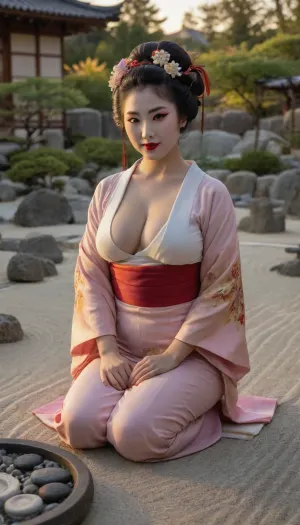 8k, a happy geisha woman with big breasts in a zen garden in the sunset, looking at viewer, tits massively, lattezen, garden, <lora:大阳 枯山水景观 SDXL:.5>