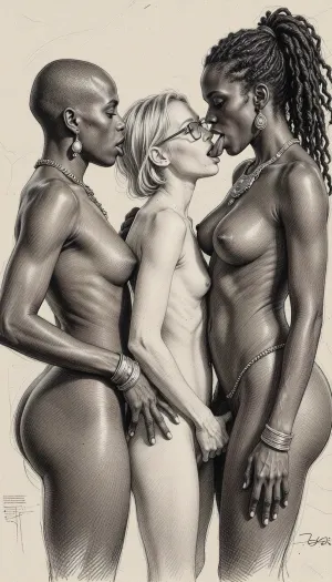 (full body view), rough charcoal sketch on textured paper, ethnographic study style. Three beautiful nude women engaged in explicit lesbian sexual intercourse. Composition features two delicate busty African women with wide hips and traditional jewelry, one with bald head and the other with long dreadlocks and between them one pale, skinny Scandinavian blonde woman with very short hair, small breasts and glasses. Precise facial and haircuts rendition based on reference. Depicting clear cunnilingus, tongue licking vulva, lips on nipples, and fingers in vagina. Clean line art, high contrast shading, anatomical accuracy, detailed charcoal texture. No male genitals, no futanari, no males
