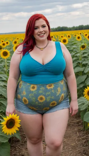 samantha38g ssbbw bbwbig with bright red hair stands barefoot in a field of sunflowers. She smiles and looks straight into the camera. She is wearing a necklace with a turquoise stone. Around her are many bright yellow sunflowers that create a picturesque background. The sky in the background is cloudy.