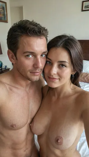 Wife and husband, Italian, mature couple, nudity, happy, horny lovers, blowjob, perfect anatomy, detailed skin, amateur, selfie, bedroom, <lora:XL-coupleMV2:.8>