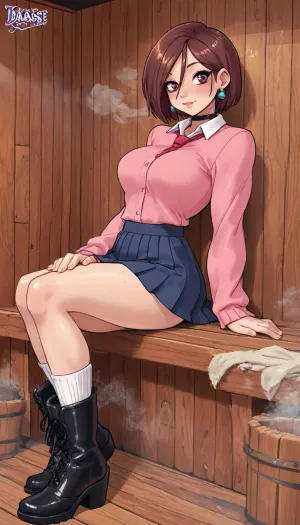 (innv meets jack cayless style), (reiq style, masterpiece, cel-shaded, limited color palette), ((Beautiful Muscles Sexy Ayase from the Dandadan anime body:1.6)), (1girl, solo, alone, 21 year old woman), (crimson eyes), (Brown hair cut shoulder length that mostly frames the right side of face), (gorgeous, seductive face, perfect ads, breast, light muscles body, perfect hands, perfect legs, fit ass, sweaty body), (big long pink sweater that is going down to skirt that over a dress shirt with a red tie), (navy blue pleated short skirt), (white socks), (black boots), (vary long big round green earrings), (chocker), (full body front facing viewer standing sexy posing), (sauna, steam, wood, e), ultraviolet light, LoL, Style, ultravio let light, cute, doodle, <lora:LCMTurboMix_Euler_A_fix:2>, <lora:mk_Bp Anime_xl:2>, <lora:cartoon_stickers_xl_v1:2>, <lora:cutedoodle_XL-000012:2>