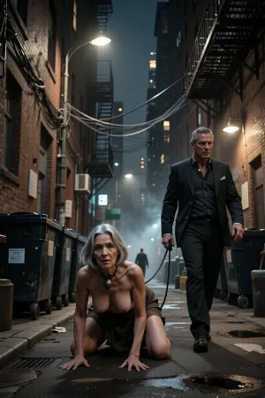 ((an aged woman, 70 years old:1.8), . Her skin is that of a 70-year-old woman. The old lady has grey hair, (Small, long, and very saggy breasts:1.8), ((very detailed skin)), . hair cut in a bob. Crawling on all fours through the city street, the girl wears an animal collar around her neck, and a well-dressed man walks her on a leash, night, streetlights, Nikon D90., (masterpiece, top quality, best quality:1.2), cinematic shot, narrow city alleyway, gloomy and atmospheric, dense urban environment, towering brick buildings with weathered textures, intricate network of tangled overhead utility wires and metal fire escapes crisscrossing the sky, dim and hazy lighting, volumetric fog, gritty urban decay, industrial aesthetic, rows of dark trash dumpsters lining the narrow path, a solitary distant figure walking in the background, desaturated color palette with muted browns, greys, and blacks, moody shadows, high contrast, sharp details on brickwork and rust, depth of field, photorealistic, 8k resolution, Unreal Engine 5 render style.)