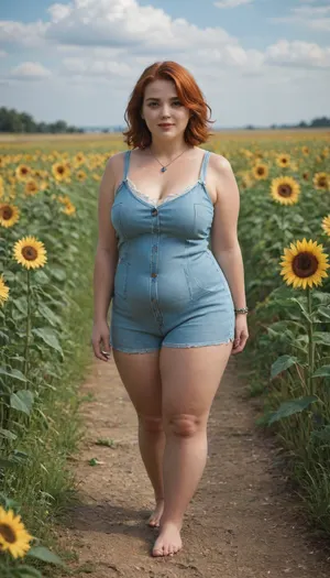 samantha38g ssbbw bbwbig with bright red hair stands barefoot in a field of sunflowers. She smiles and looks straight into the camera. She is wearing a necklace with a turquoise stone. Around her are many bright yellow sunflowers that create a picturesque background. The sky in the background is cloudy., samantharone, <lora:Samantha_Rone-000001:.8>