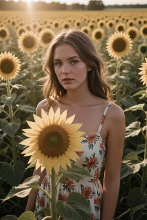 A young European woman, fair skin, delicate features, hazel hair—slightly wavy, past her shoulders, worn loose. Her eyes are finely detailed, and her gaze is calm. Clothing, a light summer sundress with narrow straps, a white background printed with large flowers and green foliage. In the foreground, a large sunflower with bright yellow petals and a brownish-green center covers part of her torso. Behind the girl is a field of blooming sunflowers stretching to the horizon, with a distant row of trees. Golden hour, the sun is low, casting warm highlights on her hair and skin, with soft side lighting. A realistic photograph with a cinematic, warm tone and high detail in the leaves and petals.