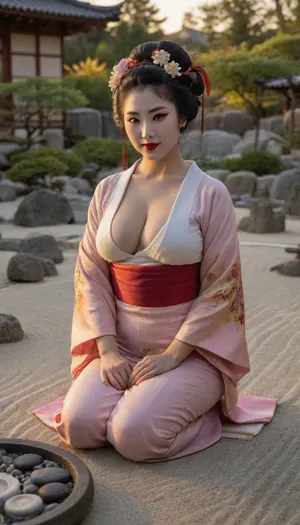 8k, a happy geisha woman with big breasts in a zen garden in the sunset, looking at viewer, tits massively, lattezen, garden, <lora:大阳 枯山水景观 SDXL:.5>