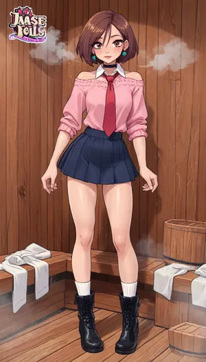 (innv meets jack cayless style), (reiq style, masterpiece, cel-shaded, limited color palette), ((Beautiful Muscles Sexy Ayase from the Dandadan anime body:1.6)), (1girl, solo, alone, 21 year old woman), (crimson eyes), (Brown hair cut flat shoulder length that mostly frames the right side of face), (gorgeous, seductive face, perfect ads, breast, light muscles body, perfect hands, perfect legs, fit ass, sweaty body), (big long pink sweater that is going down to skirt that over a dress shirt with a red tie), (navy blue pleated short skirt), (white socks), (black boots), (vary long big round green earrings), (chocker), (full body front facing viewer standing sexy posing), (sauna, steam, wood, e), ultraviolet light, LoL, Style, ultravio let light, cute, doodle, <lora:LCMTurboMix_Euler_A_fix:2>, <lora:mk_Bp Anime_xl:2>, <lora:cartoon_stickers_xl_v1:2>, <lora:cutedoodle_XL-000012:2>