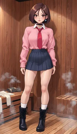 (innv meets jack cayless style), (reiq style, masterpiece, cel-shaded, limited color palette), ((Beautiful Muscles Sexy Ayase from the Dandadan anime body:1.6)), (1girl, solo, alone, 21 year old woman), (crimson eyes), (Brown hair cut medium-length that mostly frames the right side of face), (gorgeous, seductive face, perfect ads, breast, light muscles body, perfect hands, perfect legs, fit ass, sweaty body), (pink sweater long down to skirt that over a dress shirt with a red tie), (navy blue pleated short skirt), (white socks), (black boots), (vary long big round green earrings), (chocker), (full body front facing viewer standing sexy posing), (sauna, steam, wood, e), ultraviolet light, LoL, Style, ultravio let light, cute, doodle, <lora:LCMTurboMix_Euler_A_fix:2>, <lora:mk_Bp Anime_xl:2>, <lora:cartoon_stickers_xl_v1:2>, <lora:cutedoodle_XL-000012:2>
