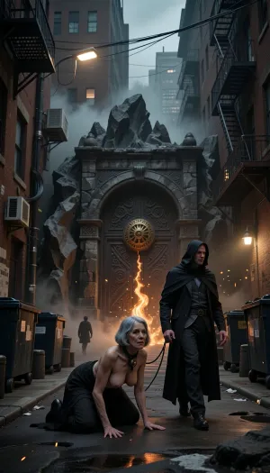 ((an aged woman, 70 years old:1.8), . Her skin is that of a 70-year-old woman. The old lady has grey hair, (Small, long, and very saggy breasts:1.8), ((very detailed skin)), . hair cut in a bob. Crawling on all fours through the city street, the girl wears an animal collar around her neck, and a well-dressed man walks her on a leash, night, streetlights, Nikon D90., (masterpiece, top quality, best quality:1.2), cinematic shot, narrow city alleyway, gloomy and atmospheric, dense urban environment, towering brick buildings with weathered textures, intricate network of tangled overhead utility wires and metal fire escapes crisscrossing the sky, dim and hazy lighting, volumetric fog, gritty urban decay, industrial aesthetic, rows of dark trash dumpsters lining the narrow path, a solitary distant figure walking in the background, desaturated color palette with muted browns, greys, and blacks, moody shadows, high contrast, sharp details on brickwork and rust, depth of field, photorealistic, 8k resolution, Unreal Engine 5 render style.
a mysterious robed figure in a black cloak standing before a massive, ancient stone gate embedded in a dark, jagged rocky cliffside, the gate features intricate carvings and a circular golden mechanical emblem in the center, bright orange fiery magical energy glowing from the cracks and center of the door, particles and embers floating in the air, dramatic cinematic lighting, moody atmosphere, dark fantasy aesthetic, hyper-realistic, intricately detailed textures, epic composition, volumetric fog.)