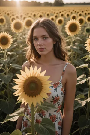 vintage 1970s analog film photography, a beautiful young woman standing lost in a massive, endless field of tall sunflowers. retro style, sepia-toned sun flares, soft grainy texture, faded colors. look from behind a sunflower, cinematic composition, upper body portrait. she is wearing a vintage 70s floral summer dress, gentle wind blowing her hair. deep depth of field, warm nostalgia vibe, high-end photography, masterfully captured, detailed eyes, natural skin texture, masterpiece, 8k resolution