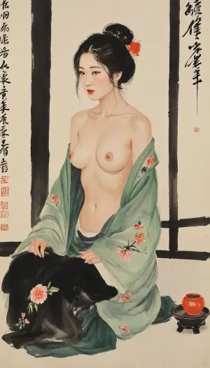 Edo-period, Shunga style image, Japanese woman, (jet black hair), portrayed with the artistic essence of Qi Baishi's renowned brushwork, wearing a kimono, ((kimono open slightly exposing one breast)), ((one breast exposed)), Using minimal strokes, Qi Baishi's signature style brings out her character, emphasizing its curiosity and independence. She might be depicted in a simple yet evocative setting, surrounded by delicate depictions of flora or objects that offer a glimpse into its world.The overall scene carries a sense of whimsy and an appreciation for the beauty in everyday life, (ultra, HD, quality, details), (green, eyes), style, of, Qi, Baishi, baishi, <lora:tbh170-sdxl:2>, <lora:baishi_xl_0_-000004:2>