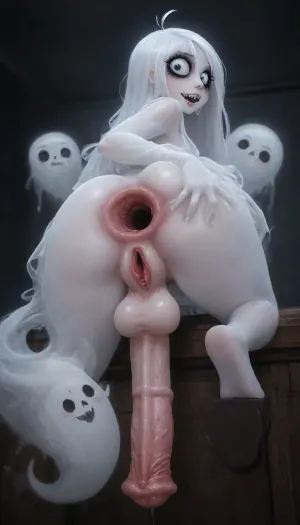 (owler meets innv style), jack cayless meets reiq style, ghost-girl, adorable, cute, ghost, spooky, spirit, creepy, white penis, testicles, erection, ((equine cock and balls)), (gaping anus:1.4), (gaping pussy:1.1), <lora:Halloween_Series_Cute_Sad_Ghost:2>, <lora:Aether_Ghost_v1.1_LoRA:2>, <lora:EnvySpiritXL02-creepy:2>