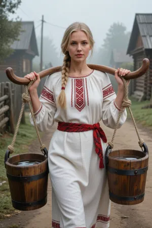 A masterpiece, top-notch quality, ultra-high detail, realistic photo.
Cinematic composition, A young Slavic woman with a long, light-colored braid walks along a dirt road in a traditional Russian village on an early, foggy morning.
She carries water on her shoulders using an antique wooden yoke. Suspended from the ends of the yoke by thick hemp ropes are two securely fastened antique wooden buckets filled with clean water. The buckets are skillfully crafted from pine staves and bound with dark iron hoops, featuring forged iron loops for attaching the rope, showcasing the authentic texture of antiquity. The woman holds the yoke confidently and naturally with both hands. She wears a traditional loose-fitting white linen dress with intricate red Slavic embroidery, (geometric patterns), on the sleeves and chest, her waist is cinched with a red woven fabric belt. Setting, Morning fog blurs the outlines of the log cabins in the background. The gray light of a foggy morning before sunrise, the realistic matte texture of the skin, and an authentic historical scene.