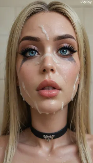(face close-up:1.7), ((Sexy:1.2)), instagram photo, 18 y.o., slut, blonde hair, (((very long wet hair))), big lips, beautiful face, ((shyly look:1.4)), black choker, extra detailed, high definition, (glamorous smash makeup:1.5), (boobs:1.2), (blue eyes), (((very very big long eyelashes:1.4))), (ab crack), ((wet Skin)), ((huge cum on face:1.8)), choker, covered long erect nipples, (in the shower), shadows, bright light patches, light caustics, (Dynamic angle:1.5), round breasts, hard nipples, narrow waist, (big tits:1.3), (big butt:1.5), ((skinny:1.2)), realistick, <lora:melanin-XL:1.3>