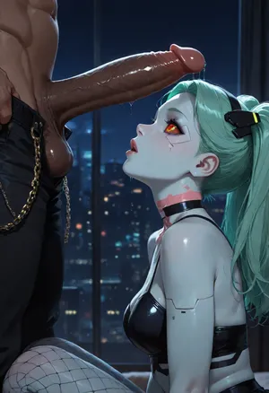 Close up shot, from side, (Ultra realistic:1.5), (rebecca from cyberpunk:1.3), (blue skin), 18yo, (slutty:1.3), (messy hair, pigtails), fit, small body, tiny, medium small breasts, round breasts, black choker, black fishnet pants, black school skirt, (black cropped top), black straps, chains, (goth), black eyeshadow, black mascara, (surprised face, looking up), (sexy:1.5), on knees, (takes off mens pants:1.3), (muscular man, huge black penis, interracial), (dark cyberpunk bedroom, night time), 4ng3l, face, green, eyes, blue, brown, perfecteyes, <lora:SDXL_BetterFaces-LoRA_v1:1.3>, <lora:add-detail-xl:1.3>, <lora:PerfectEyesXL:1.3>