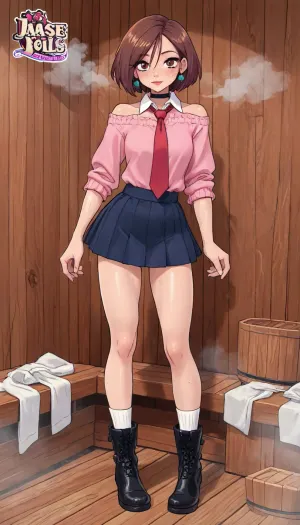 (innv meets jack cayless style), (reiq style, masterpiece, cel-shaded, limited color palette), ((Beautiful Muscles Sexy Ayase from the Dandadan anime body:1.6)), (1girl, solo, alone, 21 year old woman), (crimson eyes), (Brown hair cut flat shoulder length that mostly frames the right side of face), (gorgeous, seductive face, perfect ads, breast, light muscles body, perfect hands, perfect legs, fit ass, sweaty body), (big long pink sweater that is going down to skirt that over a dress shirt with a red tie), (navy blue pleated short skirt), (white socks), (black boots), (vary long big round green earrings), (chocker), (full body front facing viewer standing sexy posing), (sauna, steam, wood, e), ultraviolet light, LoL, Style, ultravio let light, cute, doodle, <lora:LCMTurboMix_Euler_A_fix:2>, <lora:mk_Bp Anime_xl:2>, <lora:cartoon_stickers_xl_v1:2>, <lora:cutedoodle_XL-000012:2>