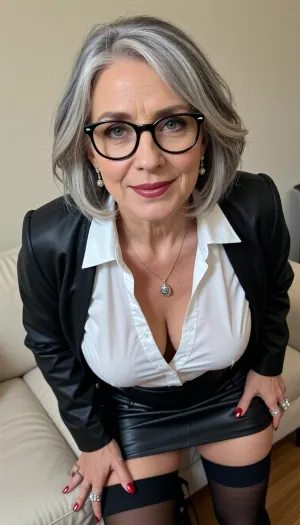 (Photorealistic full length:70), 70 year old woman, beautiful 70-year-old woman. Paying particular attention to her hair.
Color, Silvery-white with subtle natural light-grey undertones, soft dimensional shading—brightest silver at the crown and face-framing strands, gently darker ash-grey at the roots and underlayers for depth.
Cut & Shape, Short, textured, layered bob—approximate length, jaw-length to just above shoulders. Fullness and volume concentrated at the crown and top, layers are soft and feathered, not blunt.
Front & Bangs, Soft, wispy, curtain-style bangs that blend seamlessly into side layers—parted slightly off-center, sweeping gently toward the temples, never heavy or straight-cut.
Texture & Flow, Wavy, tousled, naturally soft movement—strands appear light and airy, with individual fine-to-medium thickness visible. Sides frame the face, tapering softly near the ears, back has gentle fullness without bulk.
Styling Finish, Polished yet relaxed—no harsh shine, soft natural volume, strands fall loosely to frame forehead and cheekbones, some fine face-framing pieces lift lightly for a lived-in, elegant softness. She wears black round glasses with silver accents, dark caramel brown eyeshadow, glossy dark red lipstick. Silver drop earrings, silver pendant necklace, multiple silver rings. Named Joanna, she has bright, clear grey-blue eyes that stand out vividly, accentuated with dark eyeliner, large pupils, (natural beauty:1.2), english roots, perfect slutty eye makeup, manicure, glossy dark red fingernails, She has expression lines and fine wrinkles under her eyes. She wears a crisp white collared blouse, unbuttoned to show her cleavage. She wears a black, real leather knee length pencil skirt with black nylon stockings and black high heeled pumps. She wears a black leather trench coat, unfastened, over the top of her blouse. Her body is gently wrinkled, with a generous, sagging bust with prominent nipples and soft buttocks. Warm friendly smile, soft indoor lighting, plain light wall background, natural lifelike details.