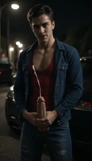 a men with Fully little erect cock. little sexy upward-curved cock, smile, orgasm, scream pleasure, One man with sexy blue denim jacket with very long sleeve with ripped tank red shirt with large male medalion neck. Solo, night-time, dark, streetlights, close-up.25 years old muscular man, tall man, short black hair, short hair, straight hair, front view, standing next to car in car park at night, cock sticking out from his jeans, veiny cock, little curved cock, oiled empty chest, glistening cock, masturbating, CUMSHOT HUGE JET SPERM from cock, HUGE EJACULATION MILKY SPLASH SPERM, nightime, moonlight, standing for viewer, looking directly at me, eye-contact, looking, at, viewer, <lora:looking_at_viewer:.8>, <lora:dark:.8>