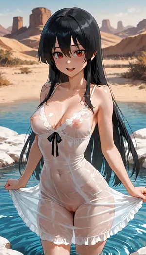 Akame from akame ga kill, oasis, desert, lake, swims in the lake, calm and focused, black long hair, audaciously protruding aroused nipples, solo, medium breast, (young:1.2), no panties, no bra, excited anus, horny clitoris, snow wet dress, standing, <lora:add-detail-xl:1.2>, <lora:attractive_notrigger:1.2>, <lora:detailed_notrigger:1.2>, <lora:LCMTurboMix_Euler_A_fix:1.2>