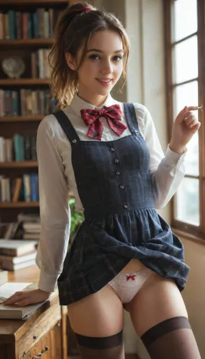 masterpiece, 8k-ultra, 19 years old swedish woman, skinny short body, dark-blonde hair with french plait high ponytail, wearing red and brown checkered mini pinafore dress, long sleeve chiffon shirt, long bow tie, brown stockings, laughing happily, exposing panties, in study with large windows, lots of books on the wall bookshelves, skirt, lift, lens, flare, pixel, art, piratical, beauty, <lora:skirtLift:.8>, <lora:beautiful_pirates_merge:.8>