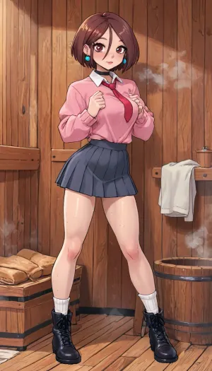 (innv meets jack cayless style), (reiq style, masterpiece, cel-shaded, limited color palette), ((Beautiful Muscles Sexy Ayase from the Dandadan anime body:1.6)), (1girl, solo, alone, 21 year old woman), (crimson eyes), (Brown hair cut medium-length that mostly frames the right side of face), (gorgeous, seductive face, perfect ads, breast, light muscles body, perfect hands, perfect legs, fit ass, sweaty body), (pink sweater long down to skirt that over a dress shirt with a red tie), (navy blue pleated short skirt), (white socks), (black boots), (vary long big round green earrings), (chocker), (full body front facing viewer standing sexy posing), (sauna, steam, wood, e), ultraviolet light, LoL, Style, ultravio let light, cute, doodle, <lora:LCMTurboMix_Euler_A_fix:2>, <lora:mk_Bp Anime_xl:2>, <lora:cartoon_stickers_xl_v1:2>, <lora:cutedoodle_XL-000012:2>