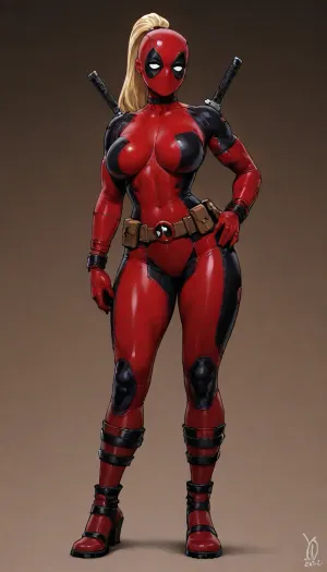 (Genderbent Deadpool:1.6), busty female body, large breasts, hourglass figure, blonde hair in high ponytail, tight shiny red and black latex full body suit with white accents, deadpool mask with white eyes, utility belt, pouches, high-heeled boots, athletic build