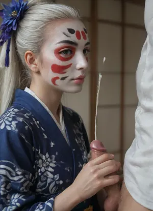 (Futaba Sakura from Persona), erotic Scene, (dynamic angle from side), (extremely detailed Background, extremely detailed face, extremely detailed kimono, high quality image), (Geisha girl with white face painted oshiroi style:1.8), (A traditional indigo-dyed kimono with hand-painted cobalt blue iris and bellflower motifs), (traditional Japanese garden and koi pond in background), ((1man, 1woman)), (closed mouth), (looking at viewer), ((woman in front of man)), ((side view)), ((handjob, 1man with, (small cock:1.6))), (ejaculation, cum on clothing:1.6), white cum, thick cum